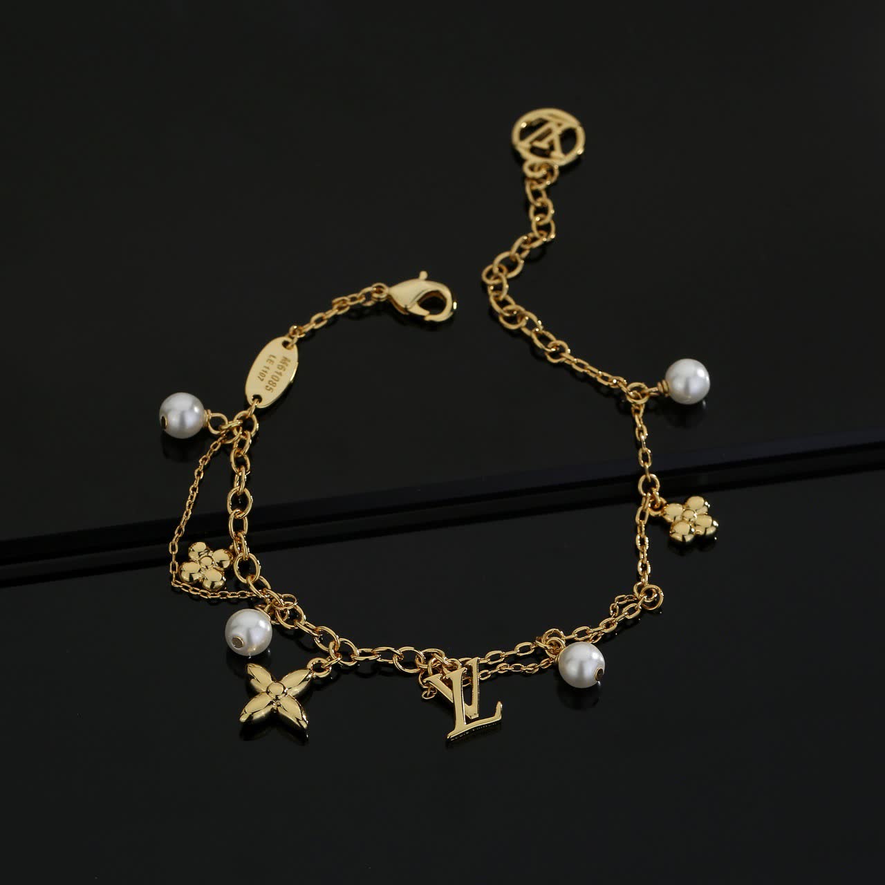 Louis Vuitton Gold Tone Bracelet with Pearls and Monogram